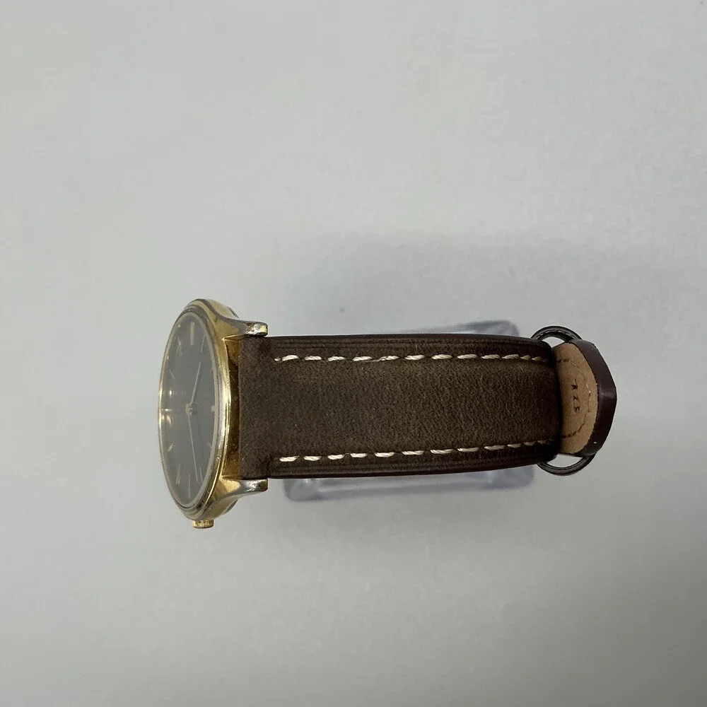 Vintage Seiko Mens Watch 32mm Black Dial Gold Tone Leather 5Y30-7A71 New Battery
